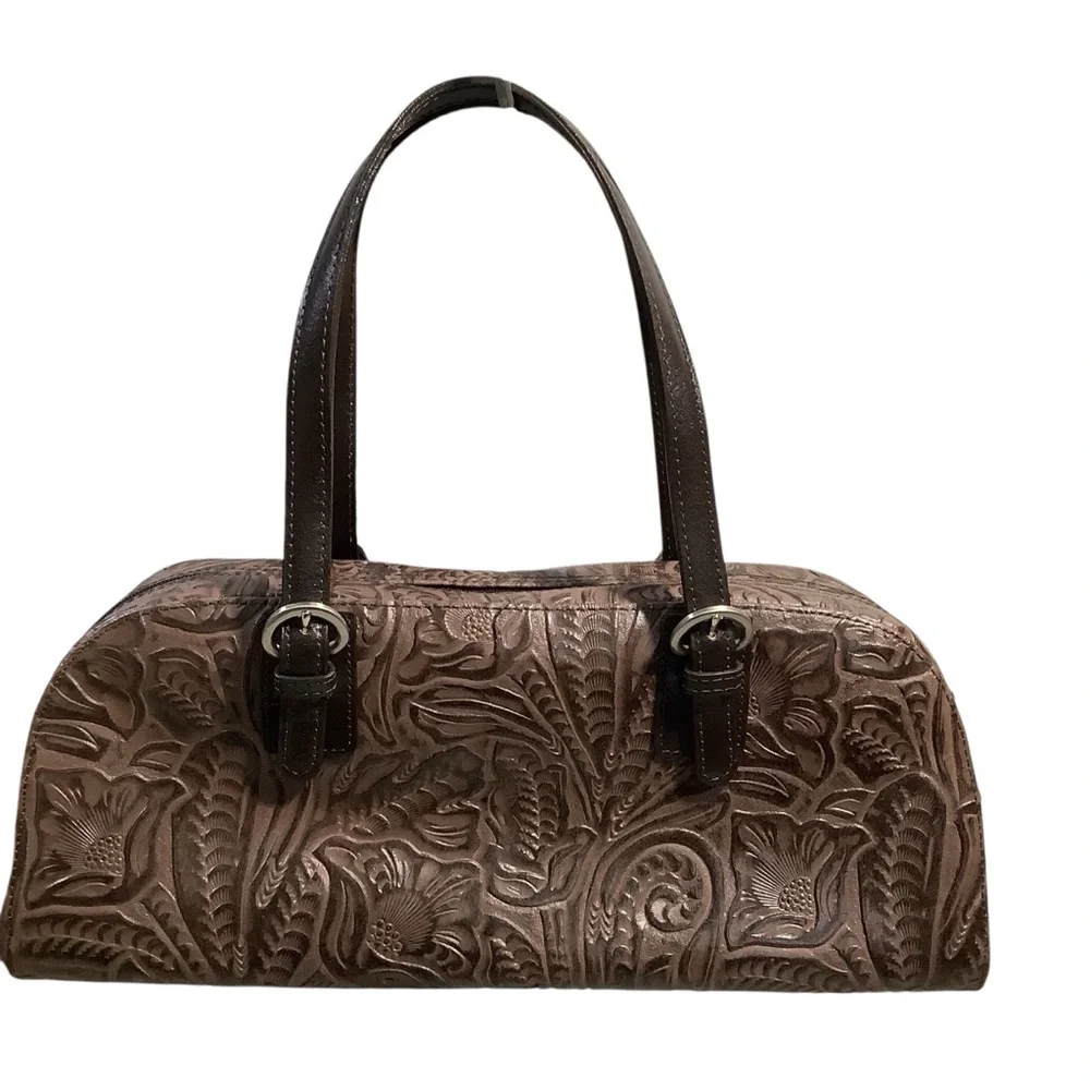 Valerie Stevens Vtg Genuine Leather Tooling Around Brown Embossed Handbag Rare - Picture 5 of 12